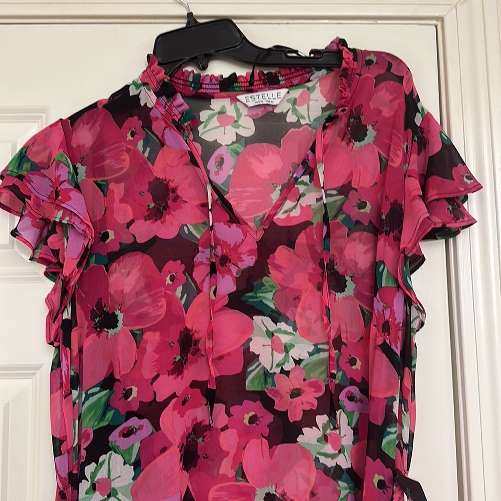 Estelle Mahola Floral MIDI Dress 2X Short Sleeve Lightweight Tie Neck Full Slip